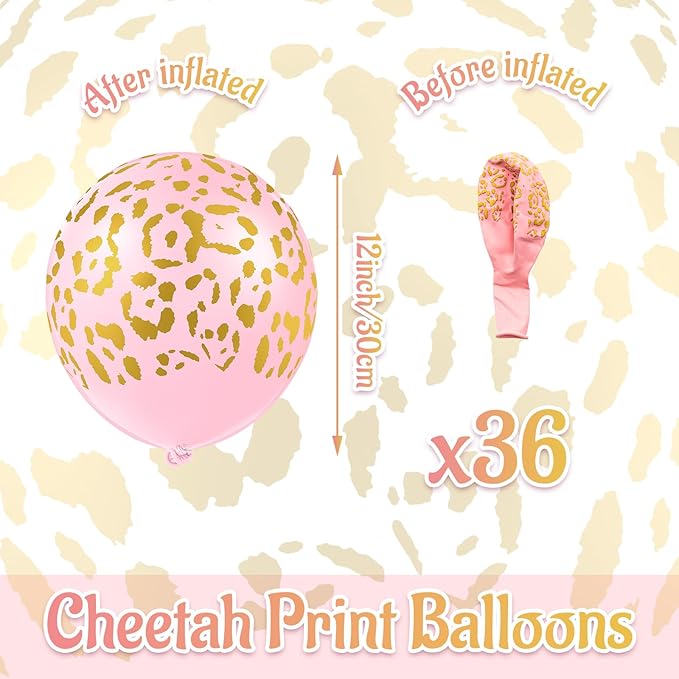 Gejoy 36 Pcs Cheetah Balloons Pink Leopard Print Balloons 12 Inch Spots Latex Leopard Jungle Animal Decorations for Cheetah Zoo Theme Birthday Party Supplies