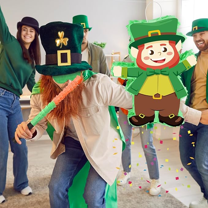 Hooqict St Patricks Day Pinata St. Patrick's Kids Party Games Green Leprechaun Pinata with Blindfold and Bat Stick for Boys Girls Happy St.Patrick's Day Decorations Birthday Party Supplies