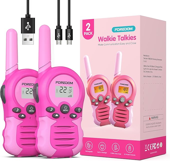FOREDOM Rechargeable Walkie Talkies for Kids Walkie Talkies Long Range for Boy & Girl Age 3 to 12 Year Old Birthday Toys - 2 Pack