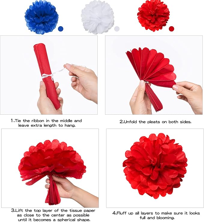 Blue White and Red Birthday Decorations, Patriotic Party Supplies Kit for Men Women Boys Grils, Happy Birthday Banner Paper Pompoms Red Blue Confetti Balloons Star Streamer for 4th of July Baseball