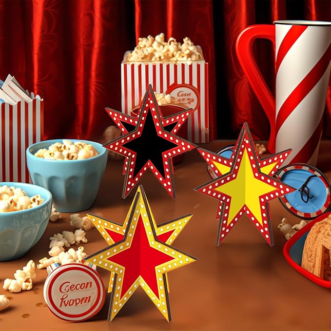 Star Centerpieces Movie Night Party Decorations 3D Star Movie Night Wooden Centerpieces Cinema Birthday Table Wooden Sign for Red Carpet Film Show Theme Birthday Party Favors Supplies