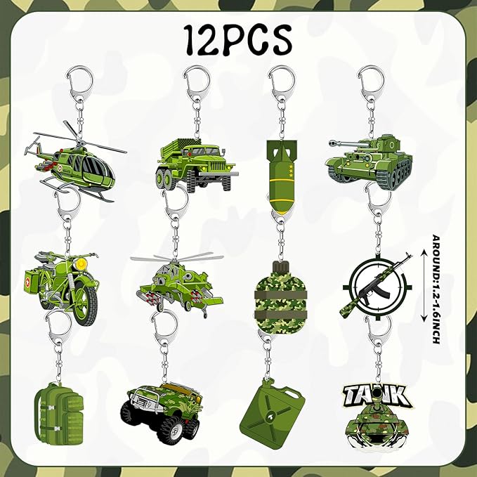 12 PCS Army Party Favors Military Camo Acrylic Keychains for Army Birthday Party Decorations Supplies Gifts for Kids Classroom Prizes