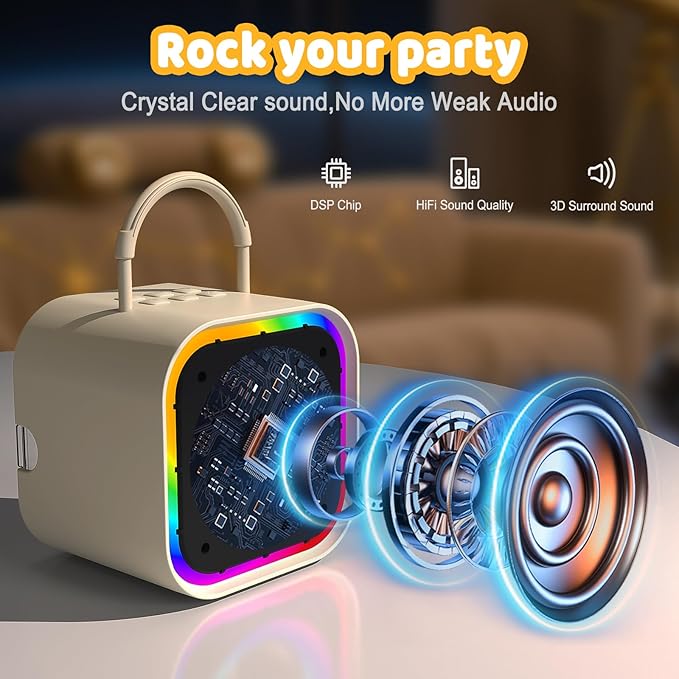 Karaoke Machine,Mini Karaoke Machine with 2 Wireless Mics (Built-in Storage),Portable Bluetooth Speaker, Fun Voice Effects/Dynamic LED Lights -Christmas Birthday Gifts for Girls Ages 4-12 -Beige