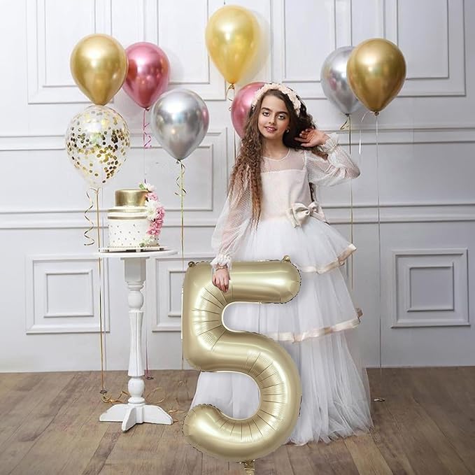 Metallic Gold 5 Balloons, 40 Inch Giant Light Gold Mylar Foil Number 0-9 Helium Balloon for Girls Boys, Self Inflating Champagne 5th Birthday Balloon for Women Anniversary Party Decorations Supplies