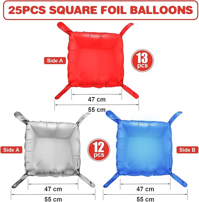 Red Blue Silver Square Foil Balloon Wall,25Pcs Double Sided Balloons Backdrop Helium Balloon Tunnel Arch Garland Kit for 4th of July Independence Patriotic Birthday Anniversary Usa Party Decorations