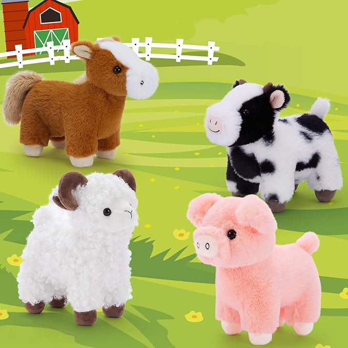 MaoGoLan 4 Pack Farm Stuffed Animals Bulk Easter Party Favors for Kids, 8 inch Plush Cow & Sheep & Pig & Horse Toy Gifts for Toddlers Teen Girls Easter Decor Basket Stuffers