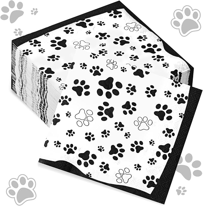 CHENGU 100 Pieces Paw Print Napkins 2 Layers Paw Print Party Supplies Farm Animal Party Napkins for Animal Themed Birthday Western Part, 5 x 5 Inch(Black)
