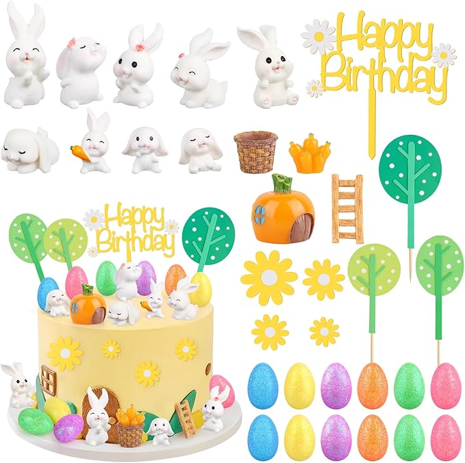 Hooqict 29Pcs Easter Cake Decorations Set with Mini Rabbits, Easter Eggs, Carrots, Happy Birthday Bunny Cake Topper & Cupcake Topper for Kids Bunny Birthday Decorations Rabbit Themed Party Supplies