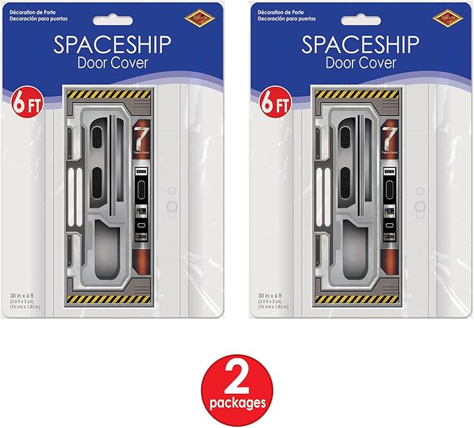 Beistle Set of 2 Plastic Spaceship Door Covers, Decorations for Outer Space Galaxy Alien Theme Birthday, Futuristic Party Supplies & Wall Decor, 6' x 30"