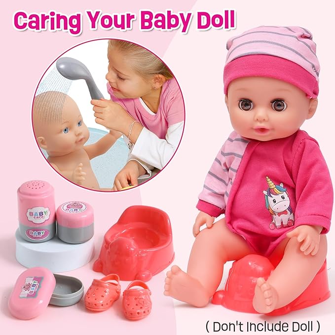 Baby Doll Accessories Playset, Baby Doll Care Toys with Changing Bag Backpack Feeding Set Doll Nappies Bottle Bath, Birthday Toys for Kids Girls (Doll Not Included)
