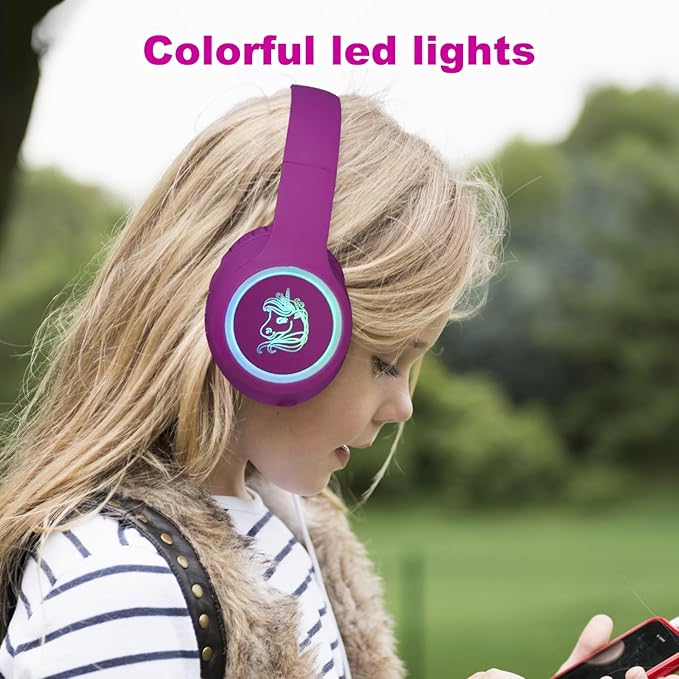 Unicorn Kids Headphones, Unicorn Bluetooth Headphones Foldable for Girls Boys Toddlers Tablet School Travel,Light Up Kids Wireless Headphone Birthday Gifts (Voilet)