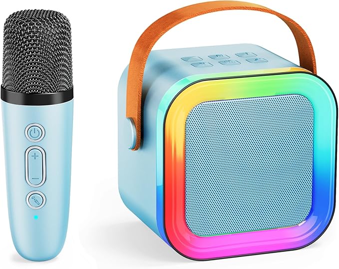 Mini Karaoke Machine for Kids & Girls with 1 Wireless Microphone, Portable Bluetooth Speaker, Christmas Birthday Gift Toy for Boys & Toddlers Ages 3, 4, 5, 6, 7, 8, 9, 10, 11, 12+ Years Old (Blue - 1)