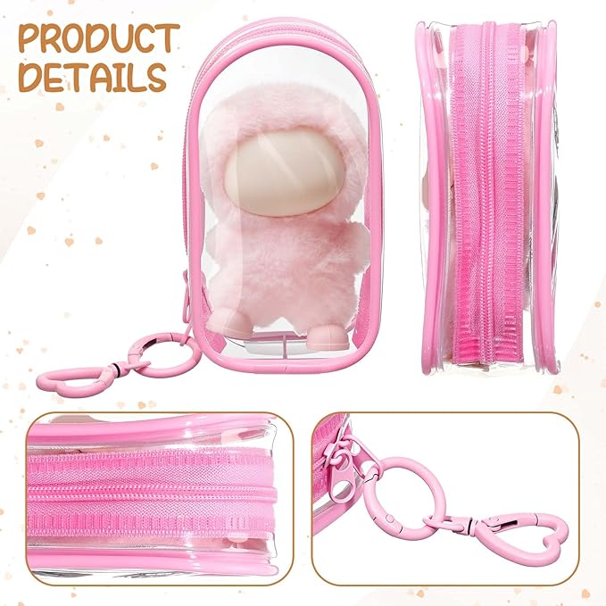 Clear Protective Case Display Accessories for 4.13 Inch 10cm 4.0 Series Plush Doll with Keychain, PVC Hanging Storage Case Cover Doll Storage Bag Figures Dolls Collectible Toys(Pink)