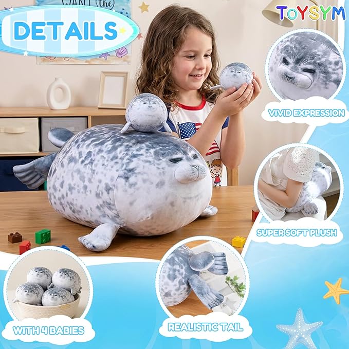 Chubby Blob Seal Pillow Cute Seal Plush with 4 Baby Plushies in Her Tummy, Soft Cotton Stuffed Animals Toy Gifts for Kids