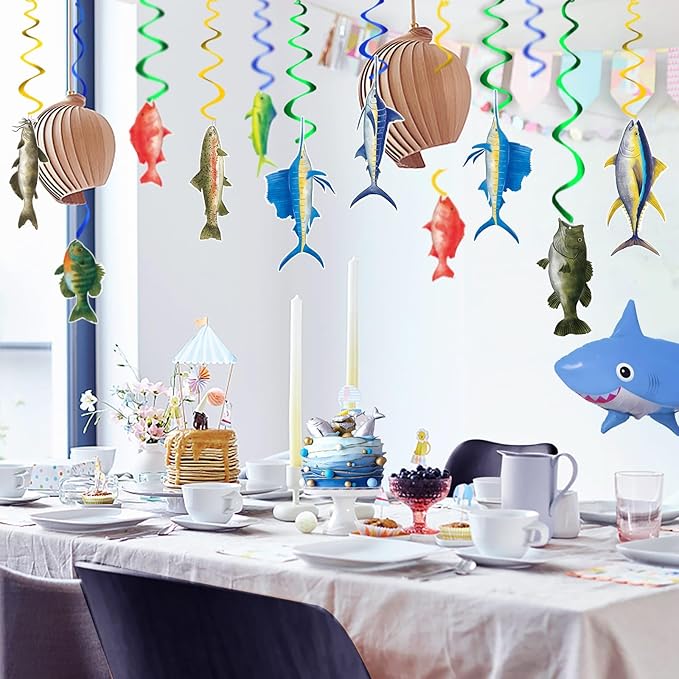 Watercolor Gone Fishing Hanging Swirls Party Supplies - 18PCS Tropical Fishing Banner Ceiling Streamers Decorations Under the Sea Hanging Streamers Decor for Baby Shower Boys Birthday Party