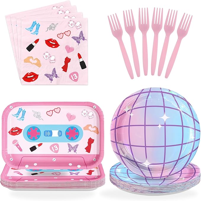 96Pcs In My Birthday Era Party Decorations Era's Birthday Singer Music Plates and Napkins Sets Iridescent Disco Music Friendship Decorations for Girls Women Bday Bachelorette Party Supplies Serves 24