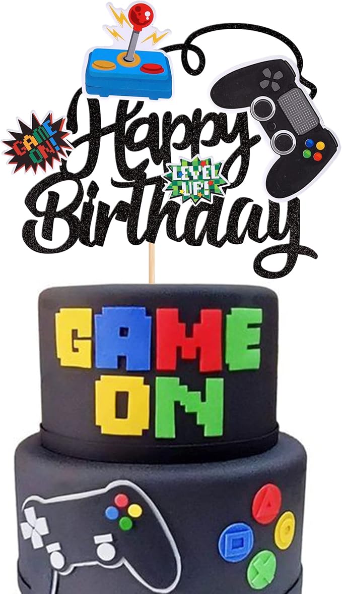 1 PCS Video Game Happy Birthday Cake Topper Glitter Video Game Cake Pick Game On Controllers GamePad Cake Decoration for Game Theme Baby Shower Kids Boys Girls Birthday Party Supplies Black