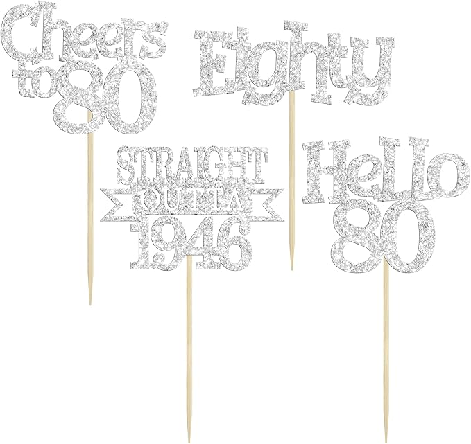 Ephlyn 24Pcs Happy 80th Birthday Cupcake Toppers Glitter Straight Outta 1946 Cupcake Picks Hello 80 Cheers to 80 Years Birthday Cake Decorations for 80th Birthday Anniversary Party Supplies Silver