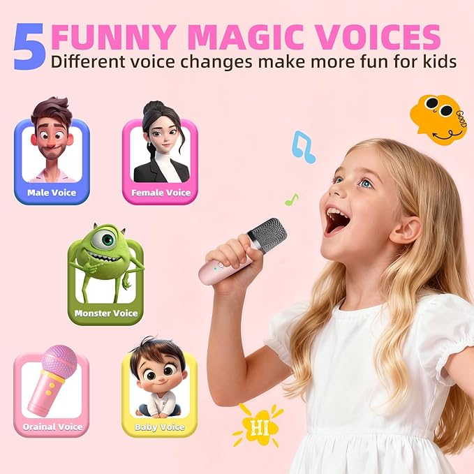 Mini Karaoke Machine for Kids & Girls with 2 Wireless Microphones, Portable Bluetooth Speaker, Christmas Birthday Gift Toy for Boys Toddlers Ages 3, 4, 5, 6, 7, 8, 9, 10, 11, 12+ Years Old (Pink - 2)