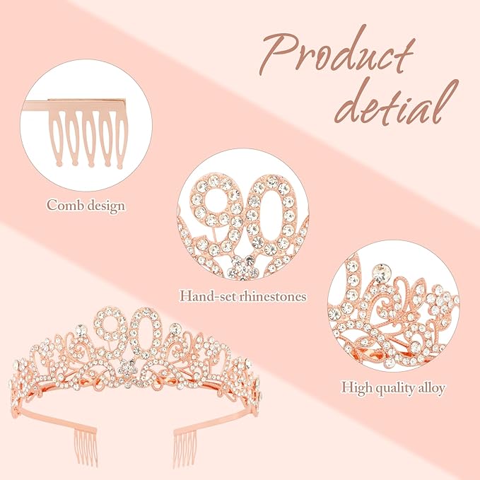 Semato 90th Birthday Decorations for Women- Birthday Crown and Sash Glitter Kit Gifts for Women Party Supplies and Favors (90th)