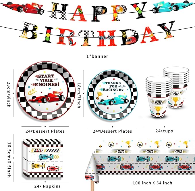 Race Car Birthday Party Decorations Supplies Set Includes Plates Napkins Cups Banner and Tablecloth for Race Car Party Decorations, Serve 24
