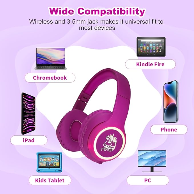 Unicorn Kids Headphones, Unicorn Bluetooth Headphones Foldable for Girls Boys Toddlers Tablet School Travel,Light Up Kids Wireless Headphone Birthday Gifts (Voilet)