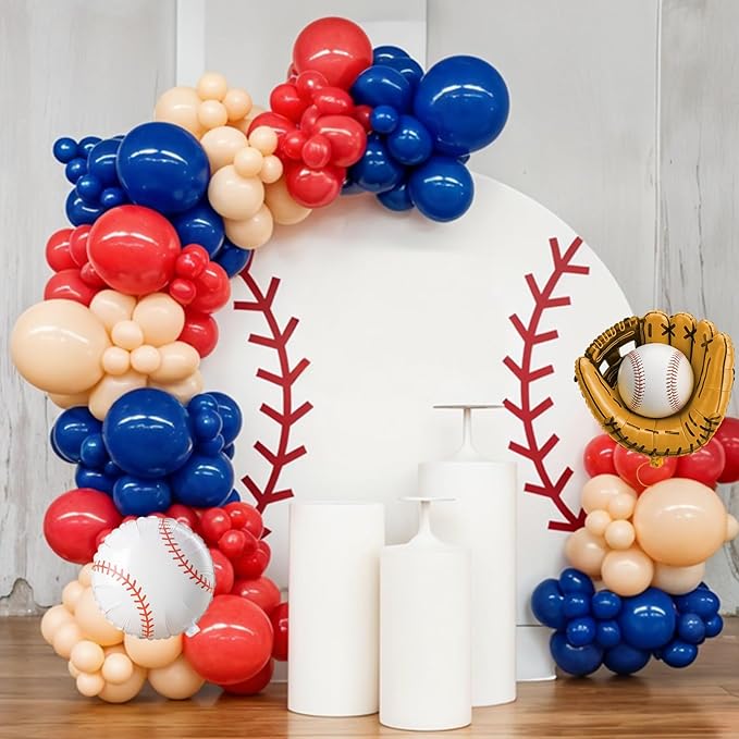 Baseball Balloons, Navy Blue Red Nude Latex Balloons with Baseball Gloves Foil Balloon for Boys Baseball Themed Birthday Party Decorations Graduation Baby Shower Sport Theme Party Backdrop
