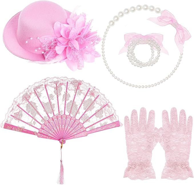 obmwang 5 Pieces Girls Tea Party Supplies Tea Party Gloves Hats Girls Kids Tea Party Necklace Fan for Girls Tea Party Costume