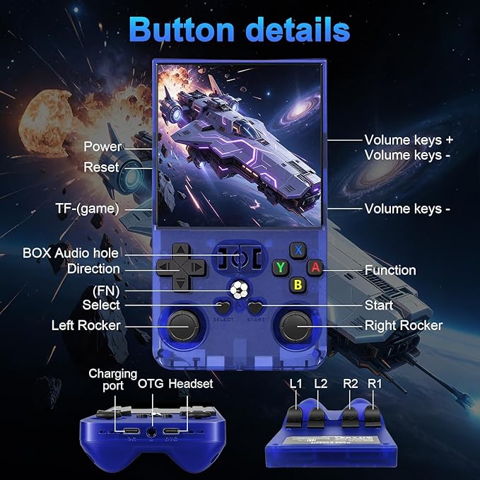 DVJQSN R36MAX Retro Handheld Game Console, 4.0 Inch Screen, 64GB, 18000+ Games, Linux System, 4000mAh Battery (Blue Transparency, 128, GB)