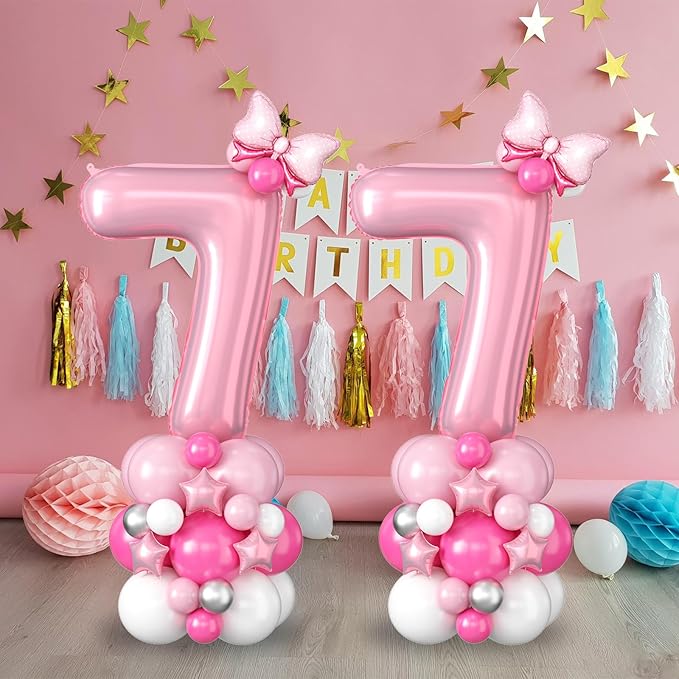 40 Inch Pink Number 7 Balloon for 7th Birthday Decoration Pastel Baby Pink Number Seven Foil Balloon Tower Giant Large Digit Hot Pink White Helium Balloons Stack Stand for Girl Anniversary Party