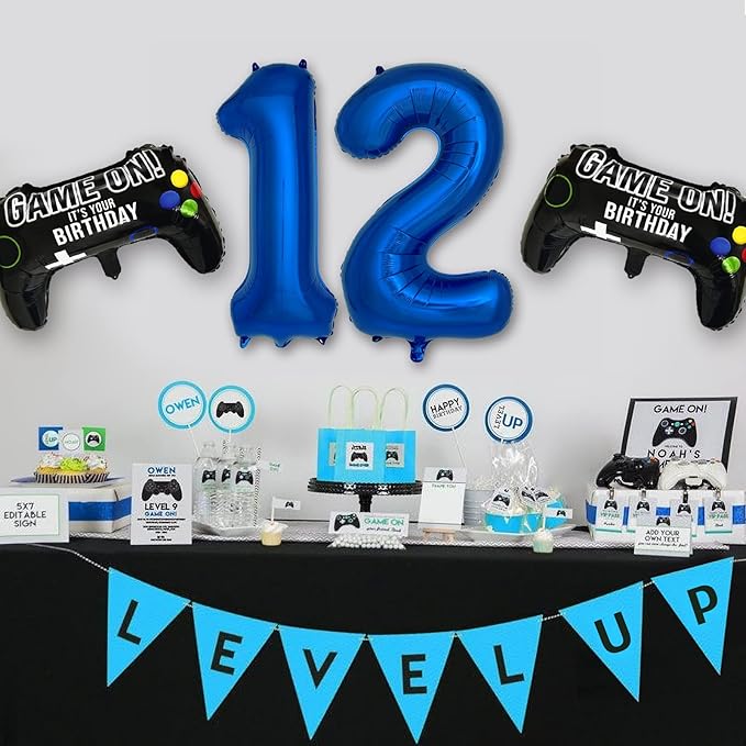 Navy Blue Video Game Party Supplies Boys 12th Birthday Party Decorations- 2 Packs Game On Balloons with Dark Blue Number 12 Balloon
