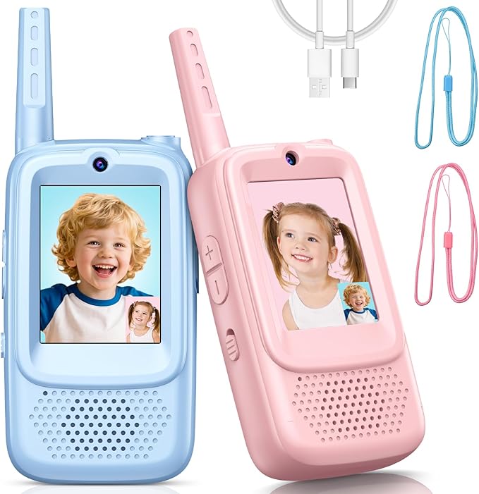 Video Walkie Talkies for Kids, 2 Pack Rechargeable Walkie Talkies with Screen and 4 Voice Changer, Christmas Birthday Gifts for Boys and Girls Ages 3-12, Indoor Outdoor Toys for Family Games, Camping