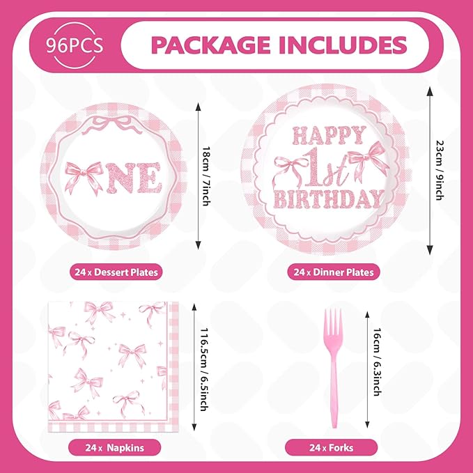 96Pcs Pink Bow 1st Birthday Party Decorations Cute Coquette Birthday Plates and Napkins Pink and White Gingham Plaid Tableware Sets for Girls Baby Shower Picnic BBQ 1st Birthday Party Supplies Serve24