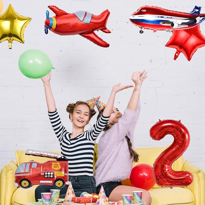 12pcs Transportation Truck Plane School Bus Fire Truck Police Car Ship Ambulance Submarine Birthday Number Foil Balloon for Transportation 2nd Birthday Vehicles Theme Party Supplies Decorations (2nd)