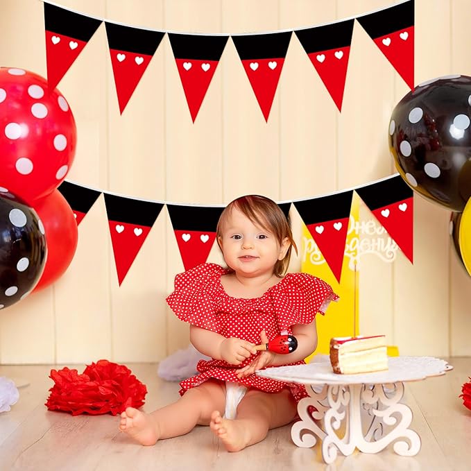 Tiamon 5 Pcs Red Mouse Theme Banner Birthday Decorations Red and Black Pennant Bunting Cartoon Themed Mouse Triangle Flag for Baby Shower Cartoon Birthday Party Decor