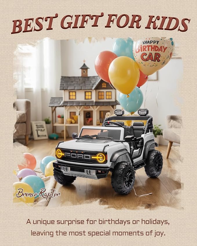 First Ride On Licensed Ford Bronco Raptor 24V 2 Seater Kids Ride on Toys, Battery Powered Electric Ride on Car, Remote Control Electric Car w/Led Lights, Music, High Low Speed (24V, White)
