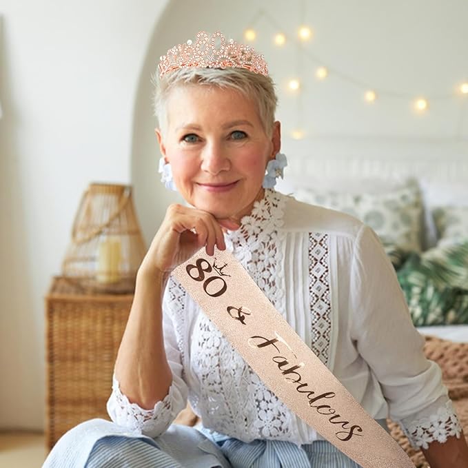 Semato 80th Birthday Decorations for Women- Birthday Crown and Sash Glitter Kit Gifts for Women Party Supplies and Favors (80th)