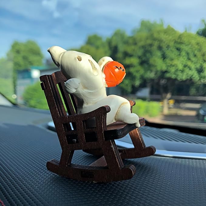 Funny White Pumpkin Ghost on Rocking Chair Statues Figures Ornaments for Car Dashboard Decorations Accessories Interior Dash Board Charms Birthday Cake Toppers Decoration Desk Decor