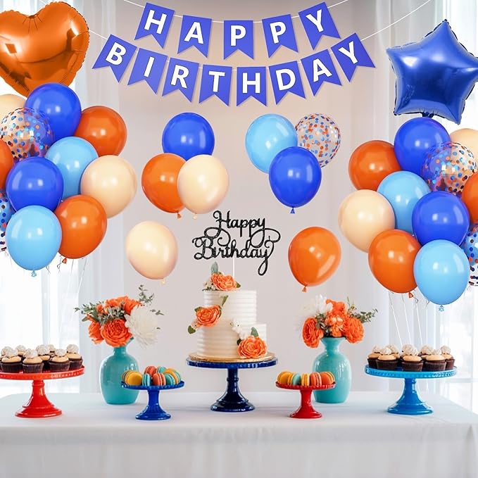Blue and Orange Birthday Decorations,Royal Light Blue and Orange Decor Happy Birthday Banner Cake Topper Star Heart Foil Balloon for Kids Space Theme Party