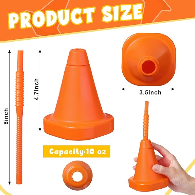 Gerrii 24 PCS Construction Cone Cups with Straws Bulk - 10 oz Reusable Traffic Cones Plastic Cups Set for Traffic Race Car Birthday Party Supplies (Orange)