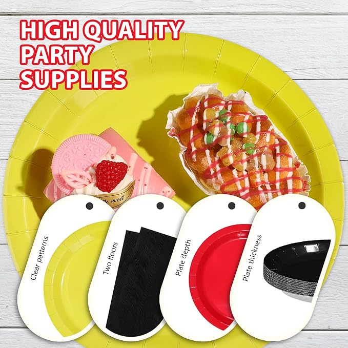 96Pcs Mouse Color Birthday Party Decorations Red Black Yellow Dessert Paper Plates and Napkins Set Cartoon Themed Mouse Decor for Kids Boys Girls 1st Birthday Baby Shower Party Supplies Serves 24