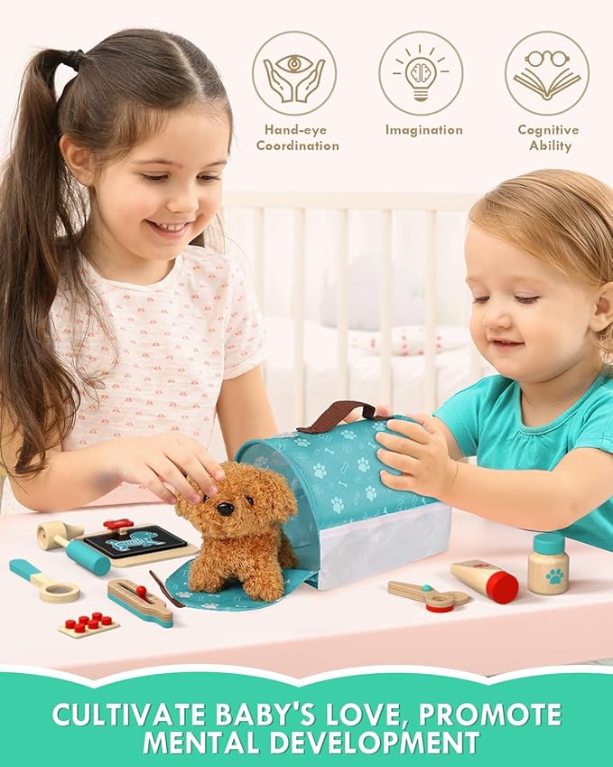 Lehoo Castle Wooden Doctor Kit for Kids, Vet Play Sets, Veterinarian Kit Pretend Play Doctor Set with Dog Bag, Medical Kits Doctor Toys Gift for Boys Girls Aged 3 4 5