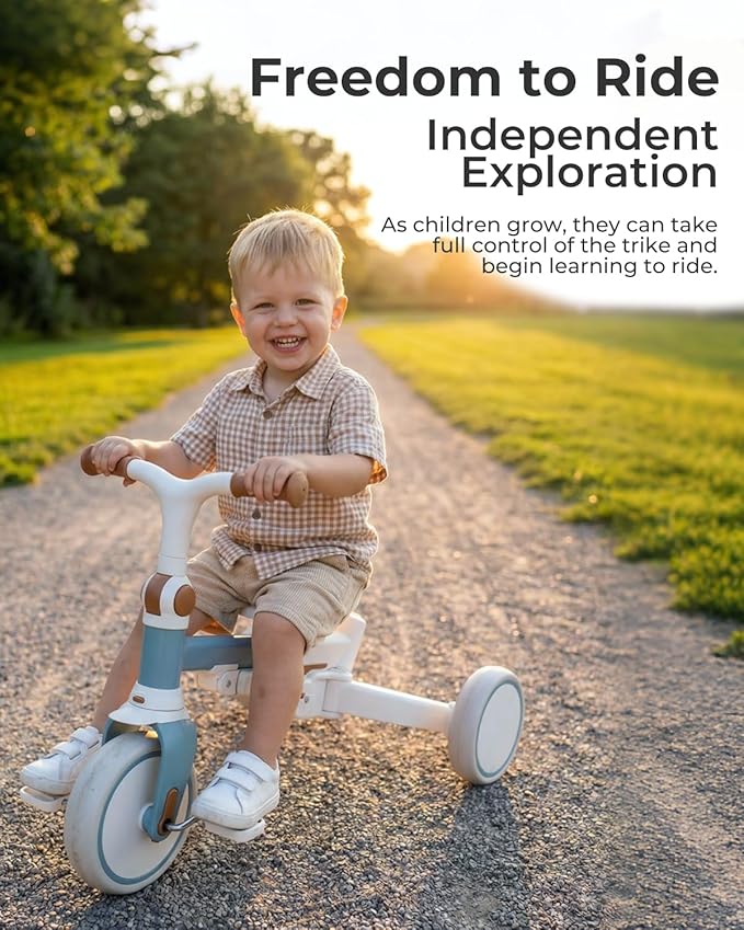 7-in-1 Tricycle for Toddlers 1-3 Years, Foldable Baby Trike Stroller with Steering Push Handle, Gift for Boys Girls 12 Months to 6 Years- Blue