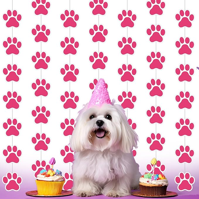 Duraaamo 8 Packs Dog Party Banner Decorations Pink Paw Print Paper Garland Dog Birthday Hanging Cutouts Paw Banners for Lets Pawty Pet Birthday Baby Shower Party Supplies Decor