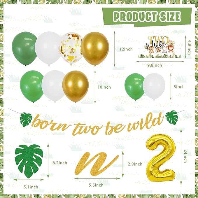 Mpanwen Two Safari Wild Birthday Decorations for 2 Years Old Boys, 158 Pcs Jungle Safari 2nd Party supplies for Baby - Backdrop, Tablecloth, Palm Leaves, Jungle Centerpieces, Banner, Crown and Poster