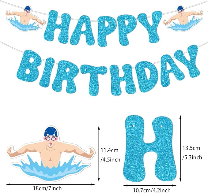 Zwiebeco Blue Swimming Happy Birthday Party Decoration Banner Bunting Garland Hanging Paper for Boys Girls Men Women Kids Adults Summer Pool Swim Sports Themed Birthday Decor Accessories Supplies