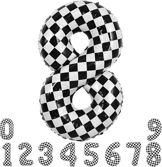 TONIFUL 40 Inch Checkered Number 8 Balloon 8th Race Car Birthday Party Supplies Black and White Large Number Balloon for Girls Boys 8th Birthday Fast Race Car Flag Party Decorations