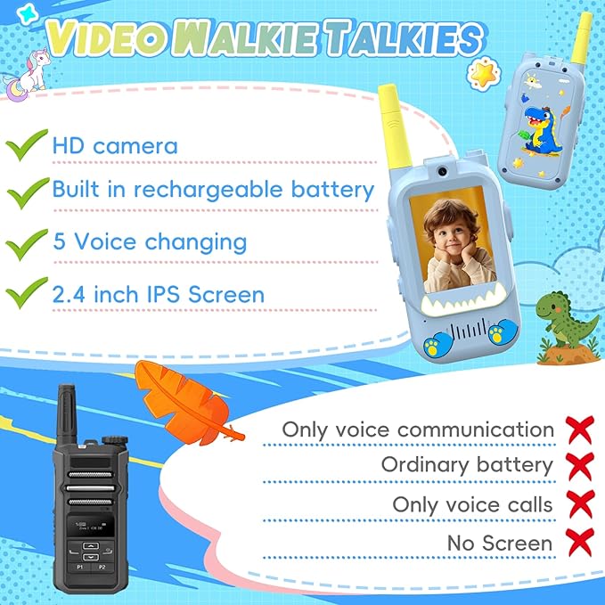Video Walkie Talkies for Kids,ELFEYE Handheld Rechargeable Video/Voice Call Children Walkies Talkies,Toddler Toy for Indoor Outdoor Games,Camping Hiking,Gift for Kids Ages 3-12 (Blue/Blue)