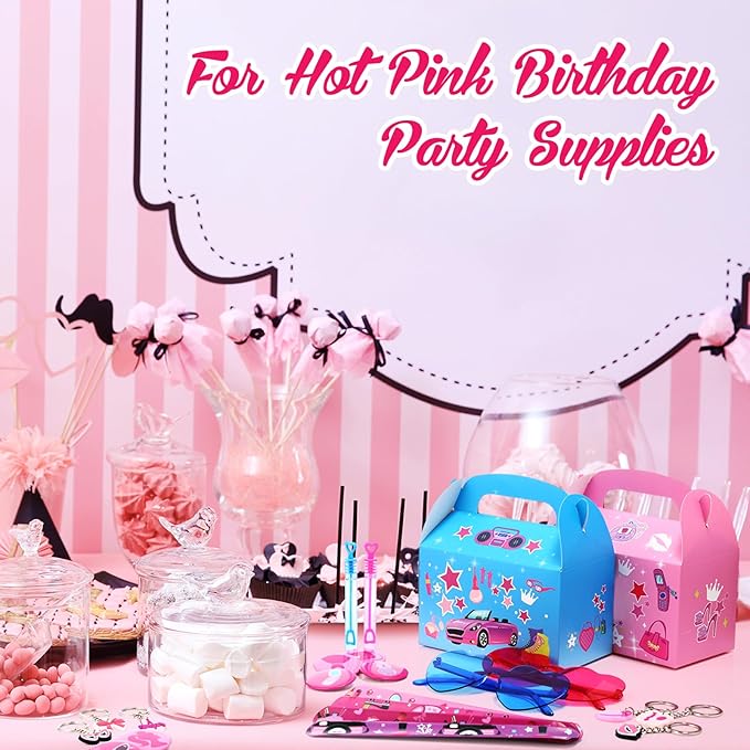 82 Pcs Hot Pink Princess Party Favors Kit Pink Princess Party Supplies Includes Girl Keychains Stickers Bracelets Bubble Waters Sunglasses Button Badge Gift Box