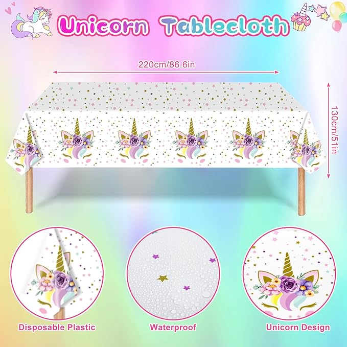 Unicorn Birthday Decorations Party Supplies for Girls, Purple Unicorn Balloon Arch with Backdrop Tablecloth Rainbow Star Foil Balloons, Princess Girls Unicorns Party Decorations Supplie